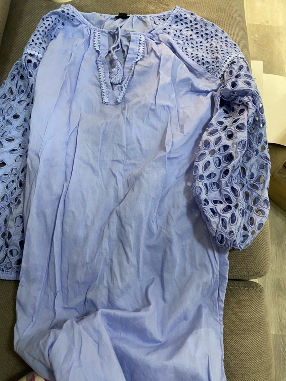J. Crew Light Blue Eyelet Sleeve Tassel Shift Dress cover up size S - Picture 3 of 4
